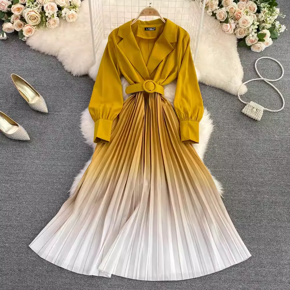 Suit Collar  Gradient A Line Elegant Pleated Dress 1569