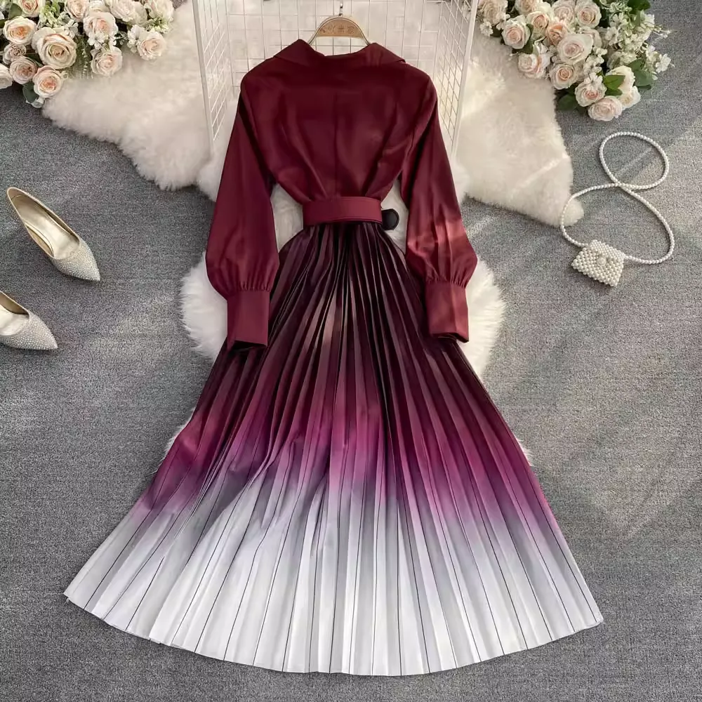 Suit Collar  Gradient A Line Elegant Pleated Dress 1569