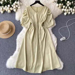 Summer Pleated Puff Sleeve Dress Elegant Swing Dress 1200