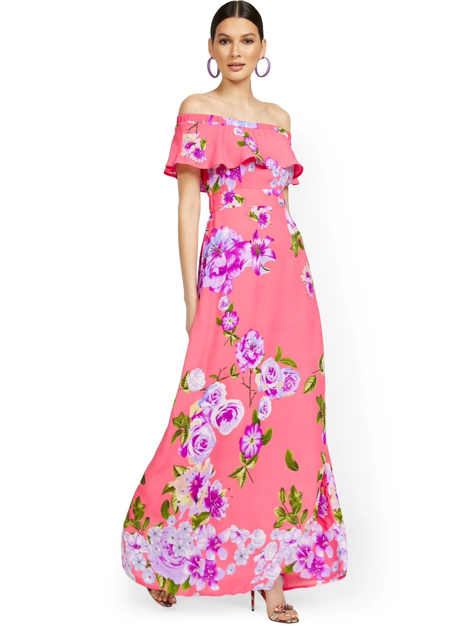 Tall Floral-Print Off-the-Shoulder Ruffle-Top Maxi Dress