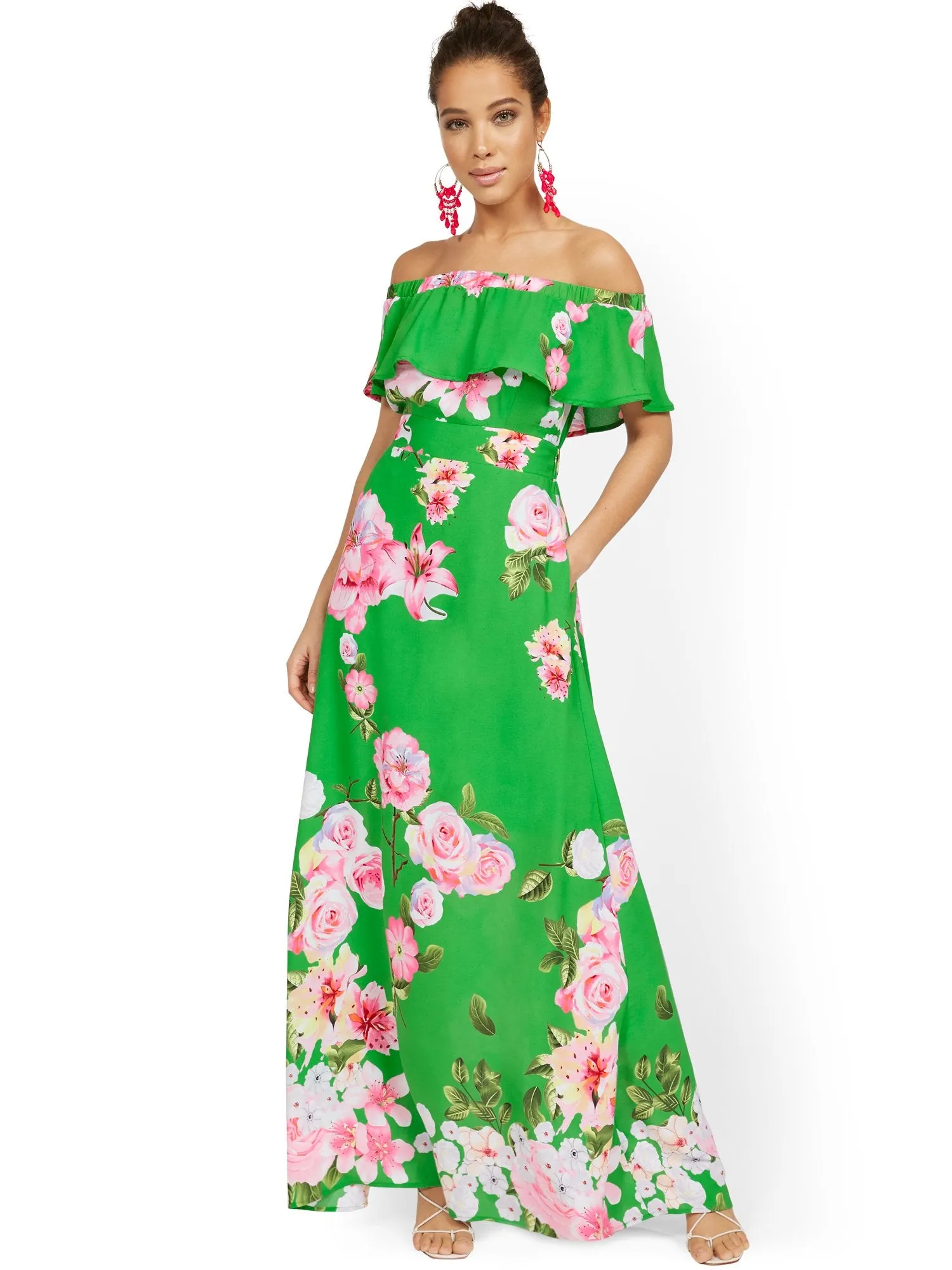 Tall Floral-Print Off-the-Shoulder Ruffle-Top Maxi Dress