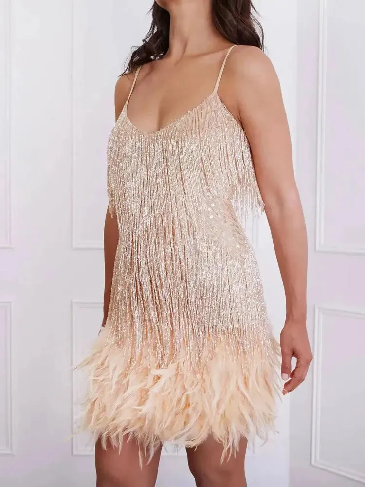 Tassel Sequins Elegant Feather Spaghetti Party Evening Dress