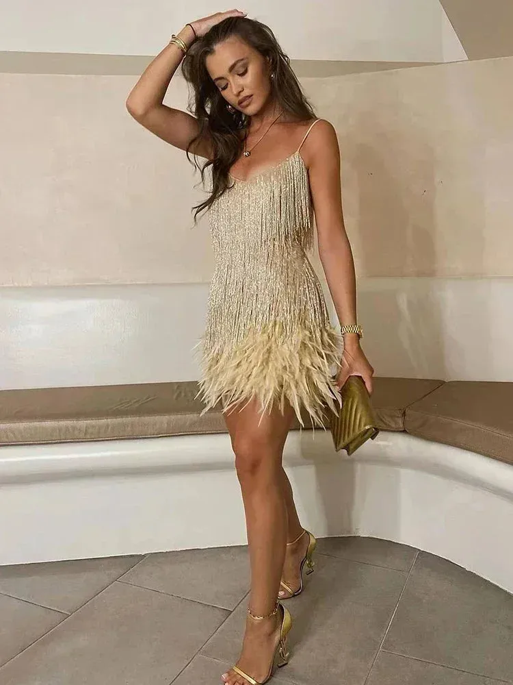 Tassel Sequins Elegant Feather Spaghetti Party Evening Dress