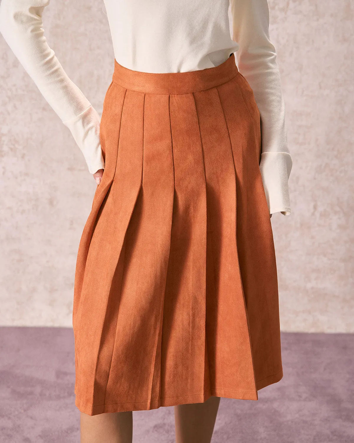 The Orange High Waisted Suede Midi Skirt