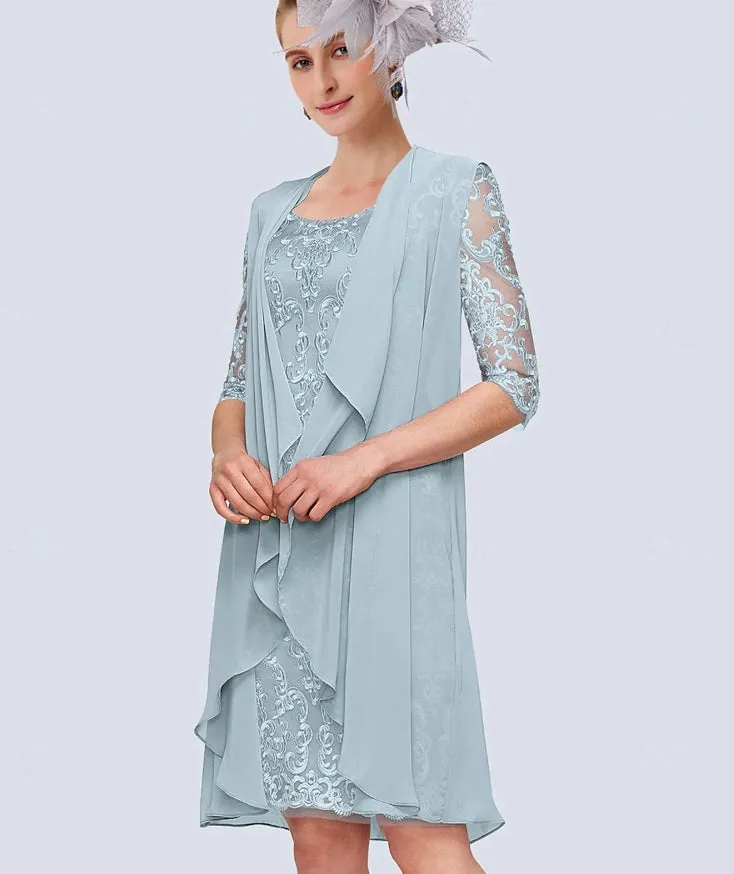 Two Piece Sheath / Column Mother of the Bride Dress Elegant Jewel Neck Knee Length Chiffon Lace Half Sleeve Jacket Dresses with Lace