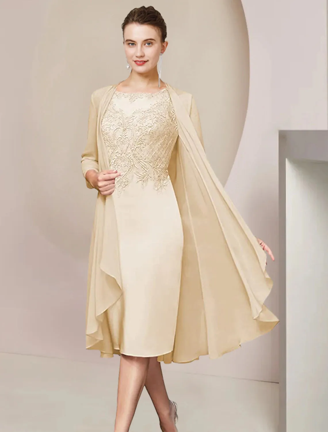 Two Piece Sheath / Column Mother of the Bride Dress Formal Wedding Guest Elegant Scoop Neck Knee Length Chiffon Lace Half Sleeve Jacket Dresses with Appliques