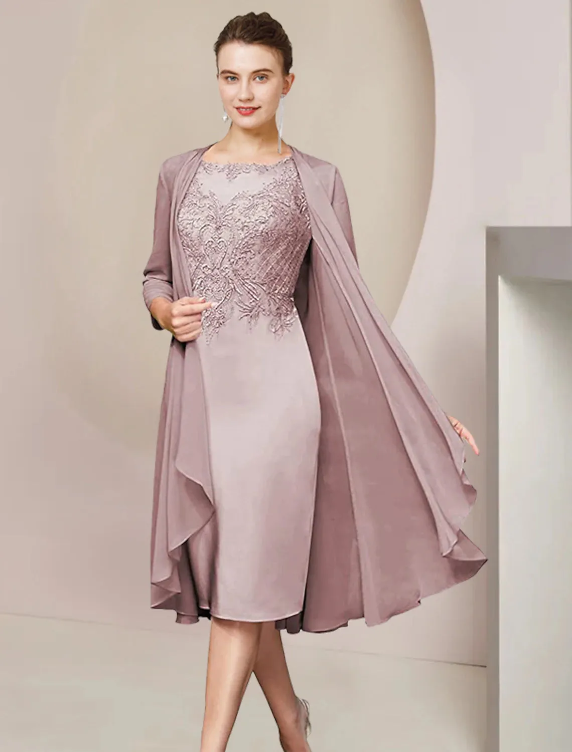 Two Piece Sheath / Column Mother of the Bride Dress Formal Wedding Guest Elegant Scoop Neck Knee Length Chiffon Lace Half Sleeve Jacket Dresses with Appliques