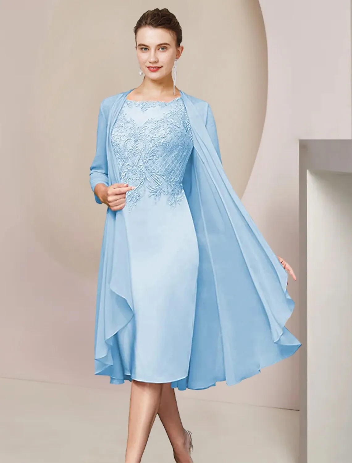 Two Piece Sheath / Column Mother of the Bride Dress Formal Wedding Guest Elegant Scoop Neck Knee Length Chiffon Lace Half Sleeve Jacket Dresses with Appliques