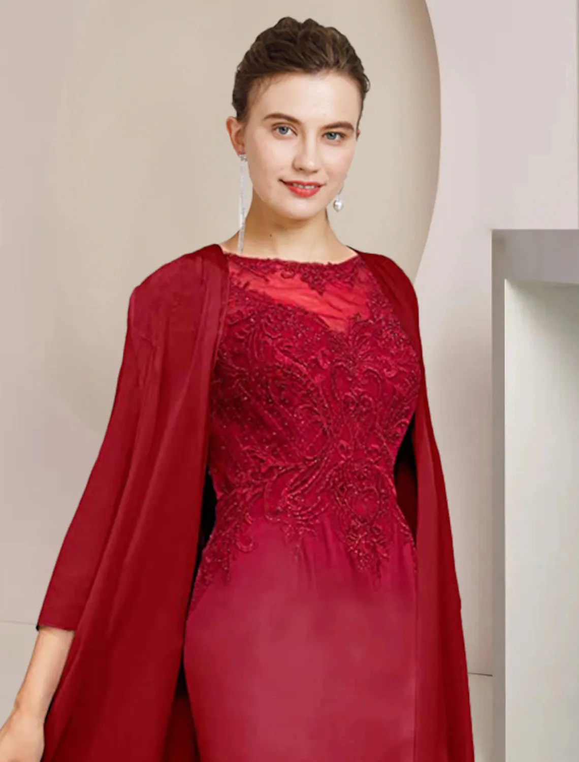 Two Piece Sheath / Column Mother of the Bride Dress Formal Wedding Guest Elegant Scoop Neck Knee Length Chiffon Lace Half Sleeve Jacket Dresses with Appliques