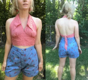 Vintage 60s 70s | Blue Floral High Waisted Boho Hippie Daisy Duke Denim Shorts M