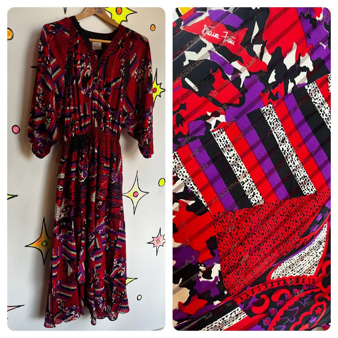 Vintage 80s | Diane Freis Red Silky Abstract Flowy Goddess Secretary Dress | S M