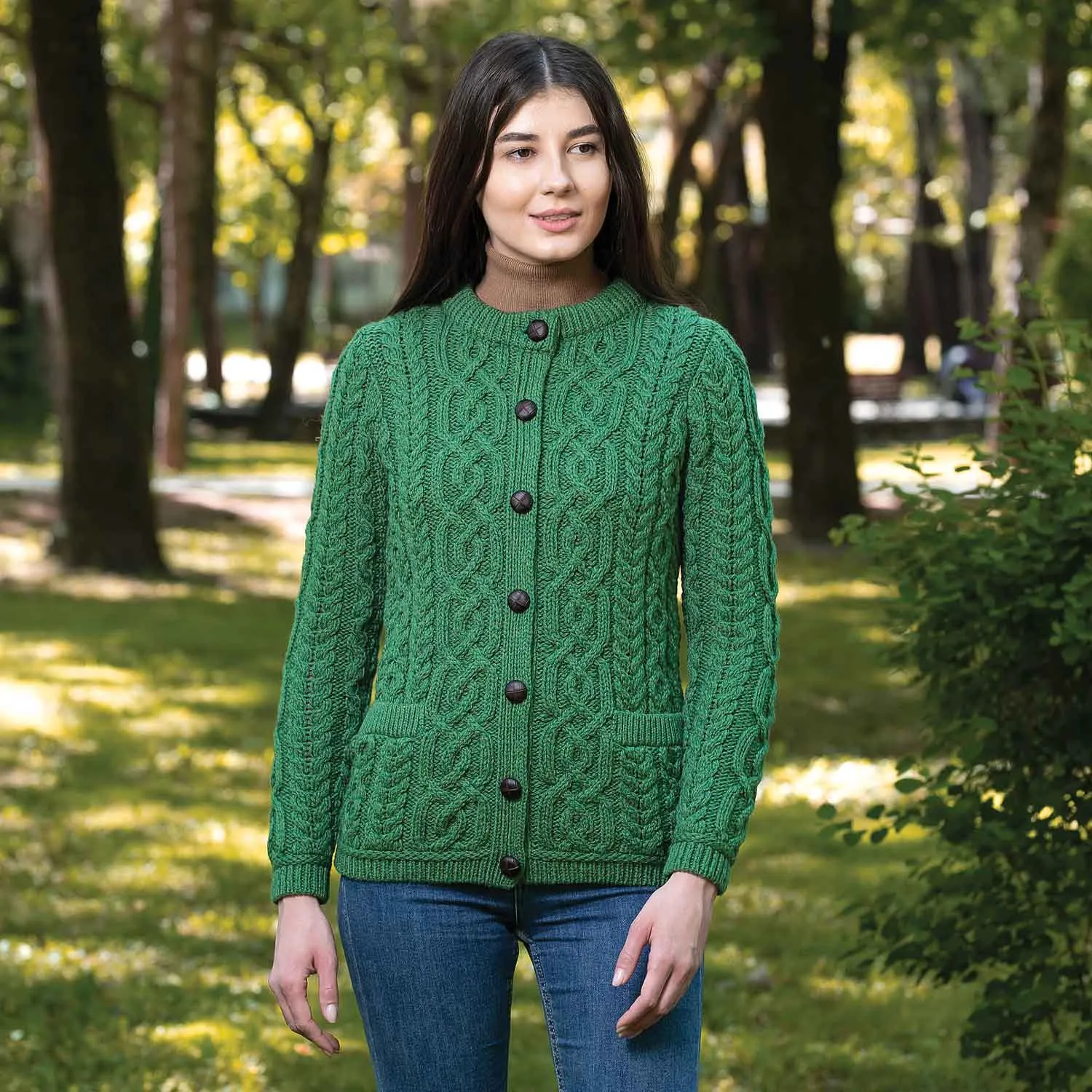 Women's Aran Knit Button Cardigan, Green