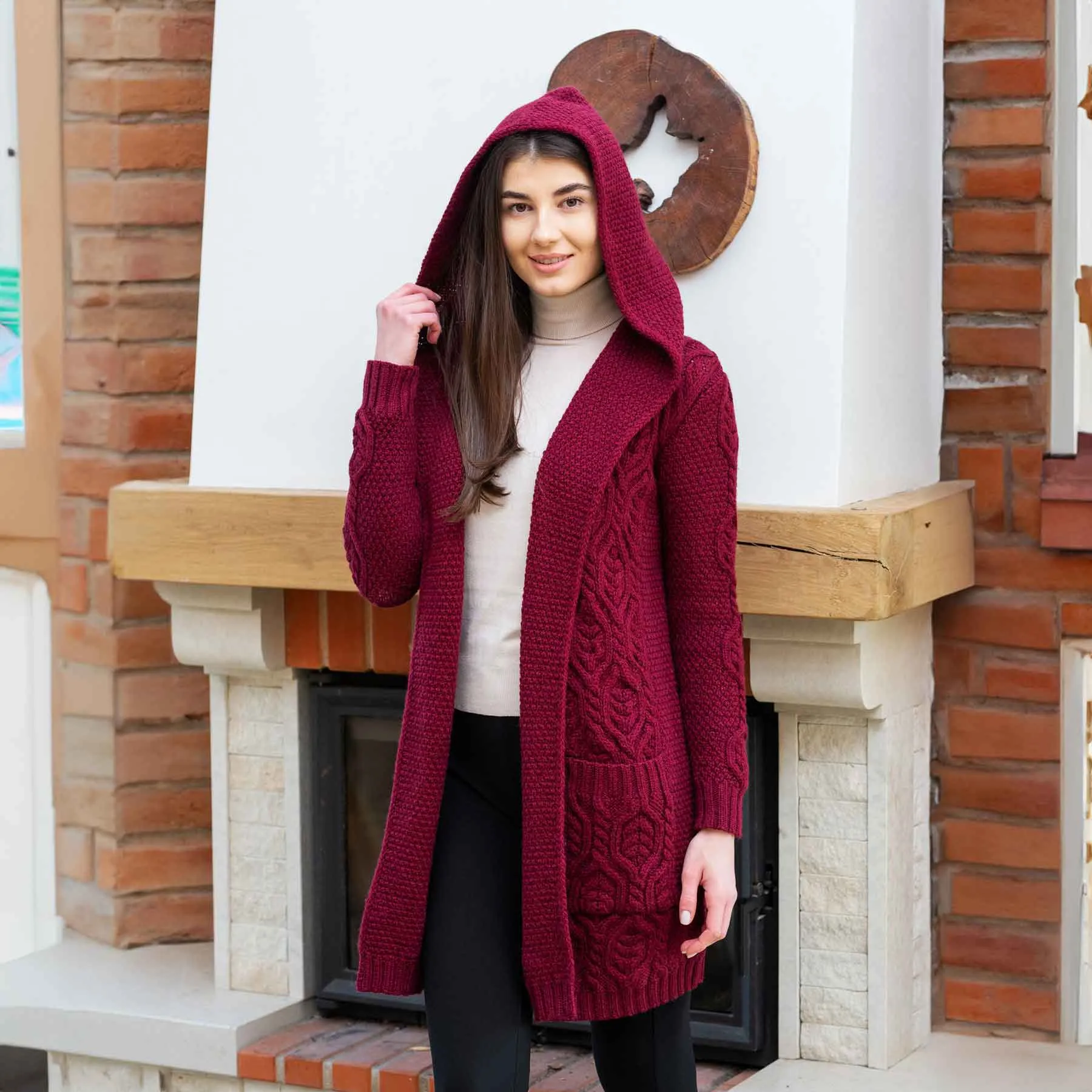 Women's Aran Knit Hooded Long Cardigan, Wine