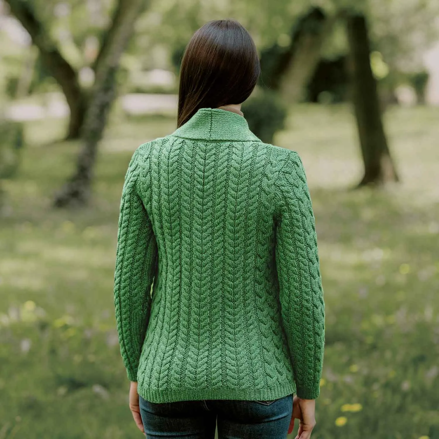 Women's Aran Knit Shawl Neck Cardigan, Green